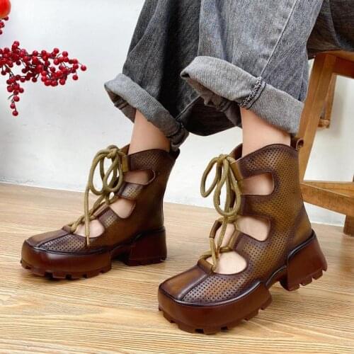 YourSeason Ladies Summer Platform Sandals Genuine Leather Handmade Concise Women Lace Up Vintage Wedges Shoes 2021