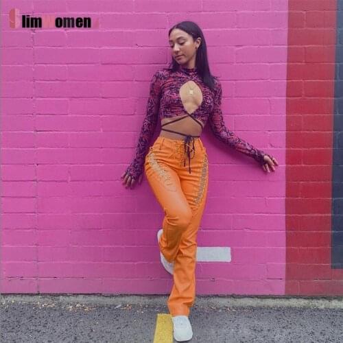 Straight Pants Faux PU Y2K High Waist Pants Women Chic Hollow Out Bandage Sexy Summer Red Leather Club Trousers Slim Streetwear