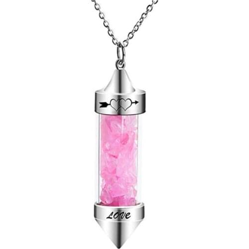 FYJS Unique Female Anniversary Gift Silver Plated Wish Bottle Romantic Love Heart Pendant Natural Rose Pink Quartz Necklace