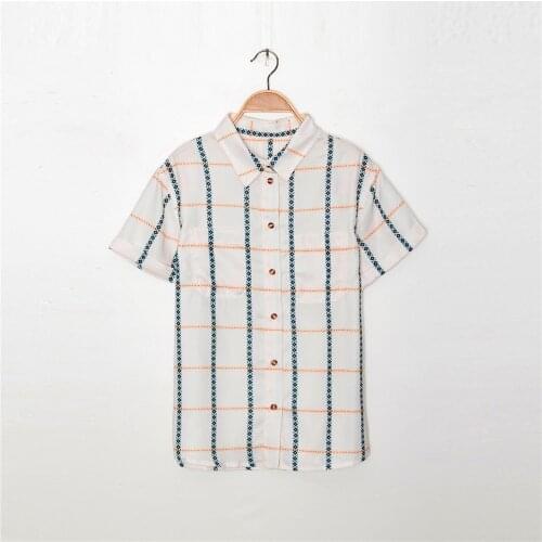 Summer fresh literature and art plaid cotton pocket single-breasted short-sleeved loose wild shirt women