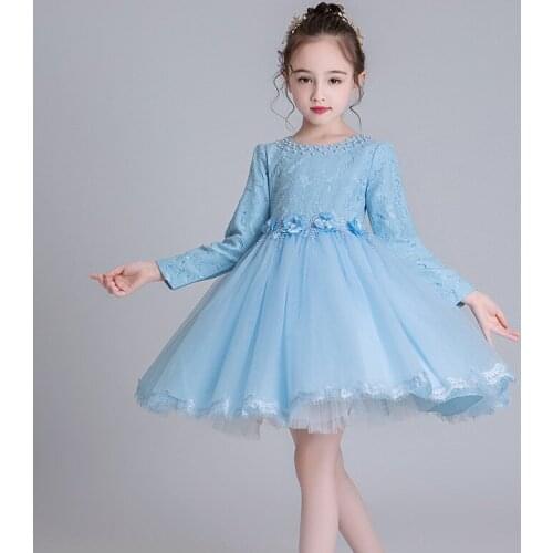 Autumn and Winter Style Flower Girl Party Long Sleeve Dress Girl Cotton Birthday Party Performance Ball Dress