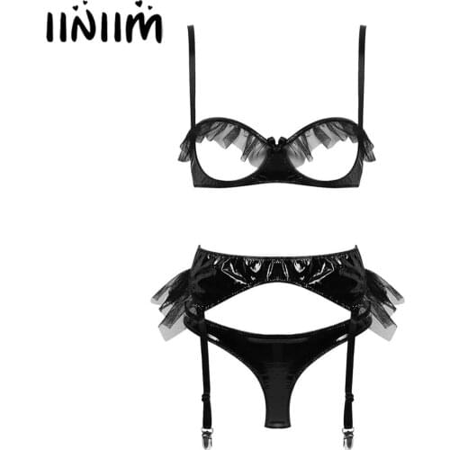 Iiniim Womens Wetlook Costumes Patent Leather Lingerie Set Open Cups Sissy Bra Top with Garter Belt Crotchless Briefs Underwear