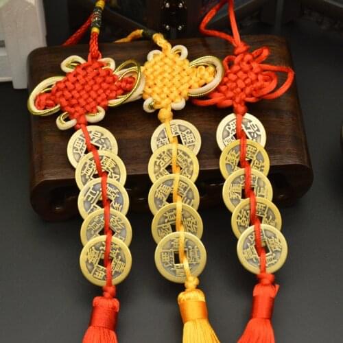 Chinese Knot Lucky Coins Car Hanging Decoration Feng Shui Fortune Coin Good Luck Rear View Mirror Pendants Ornament Accessories