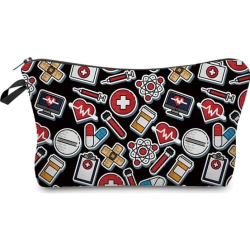 Nurse Printing Cosmetic Bag Women Cartoon ECG Storage Bag Fashion Travel Pouch Black Makeup Bag Mini Coin Purse Custom Pattern