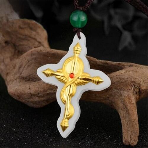 Hetian Jade Pendant cross Yellow Gold Inlaid Jade Pendant Women Men pattern White Jade Necklace Pendant Gift High Quality