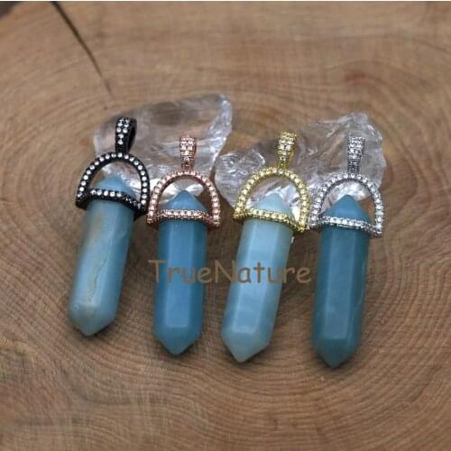 Healing Aquamarines Hexagonal Column Pendant Double Terminated Pencil Jewelry Metal Electroplated Pendant In 45*10 mm PM7401