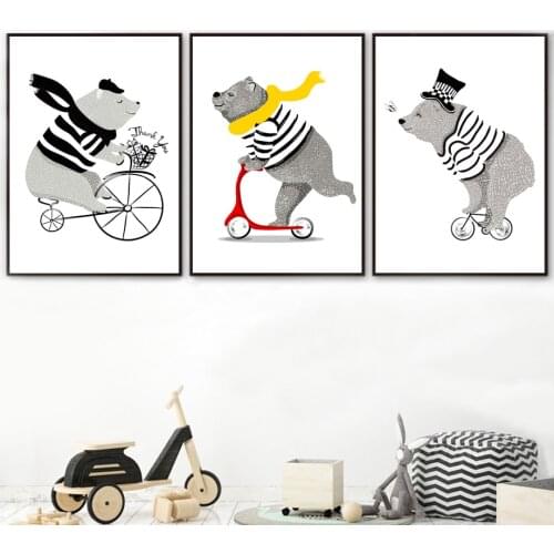 Cartoon Bear Bicycle Nordic Posters And Prints Wall Art Canvas Painting Nursery Art Prints Wall Pictures Baby Kids Room Decor