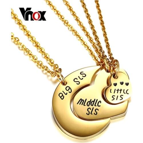Vnox 3pcs Forever Series Sister Heart Necklace Sets Pendant Friendship Bestfriend Gold Color