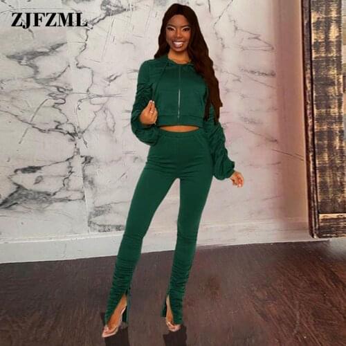 Casualware Style Two Piece Set Women Hooded Zipper Lantern Sleeve Crop Jacket and Stacked Split Sweatpant Loungewear Outfits