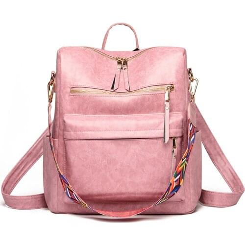 Fashion Solid Color Multifunctional PU Leather Backpack Color Wide Shoulder Strap High Quality Casual Simple Student Backpacks