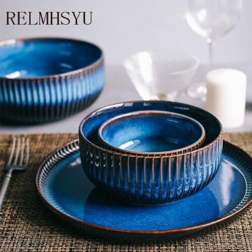 1PC Japanese Style Blue Ceramic 5.5Inch Rice Salad Bowl Household Rice Big Soup Bowl Retro Restaurant Dinnerware