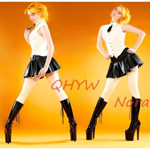 Sexy Women Latex Female Clubwear Cosplay Costume Dress Tops&Skirt with Tie No Socks Halloween Costumes for Women Fetish