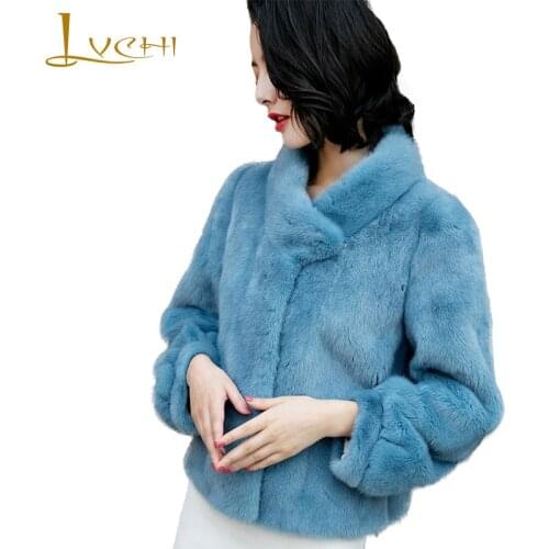 LVCHI Winter 2019 Import Velvet Real Mink Fur Coat Womens Coat Full Pelt Half High Collar Causal Blue Pure Color Mink Fur Coats