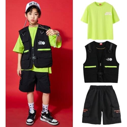 Modern Hip Hop Dance Costume Fluorescent Green Tops Girls Boys Black Vest Shorts Outfits Jazz Street Dance Rave Clothes BL6046
