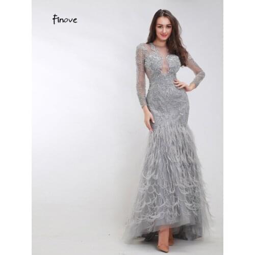 Finove Beading Mermaid Evening Dresses 2020 New Arrivals Sexy Tulle Elegant Feathers Long Sleeves Fashionable Dresses for Women