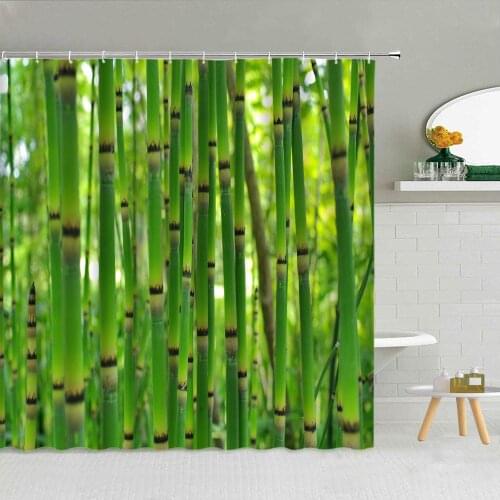 Green Natural Bamboo Forest Shower Curtain Board Fabric High Quality Bathroom Supplies With Hooks Decor Cloth Curtains Washable