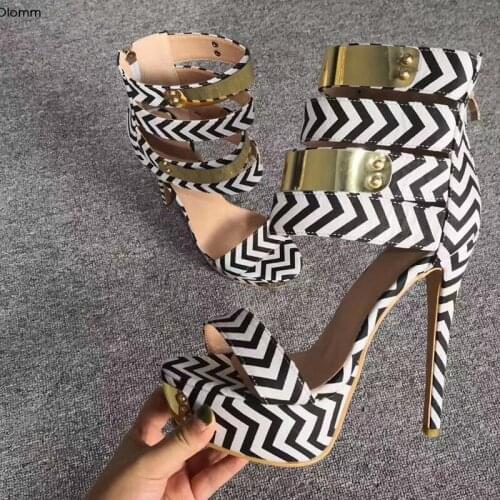 Olomm Fashion Women Platform Sandals Thin High Heels Sandals Open Toe White & Black Striped Casual Shoes Women US Plus Size 5-15