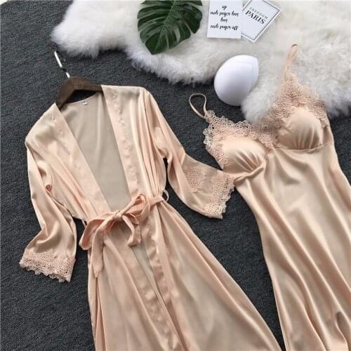 Women Robes Gown Sets Sexy Lace Satin Sleepwear Pajamas Nightwear Silk Night Skirts Home Clothing Sleep Lounge with Chest Pads