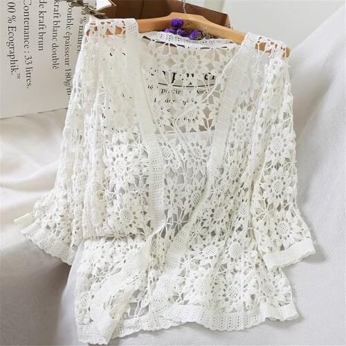 Sexy Hollow Out Crochet Lace Kimono Cardigan Women V-neck Open Stitch Casual Elegant Blouse Spring Summer Beach Cardigans PZ2861