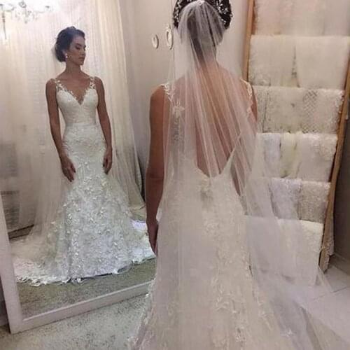 Latest Design Appliques Lace Mermaid Dresses Sexy Deep V-Neck Wedding Dress Sweep Train Bridal Gowns Vestido De Novia 2020