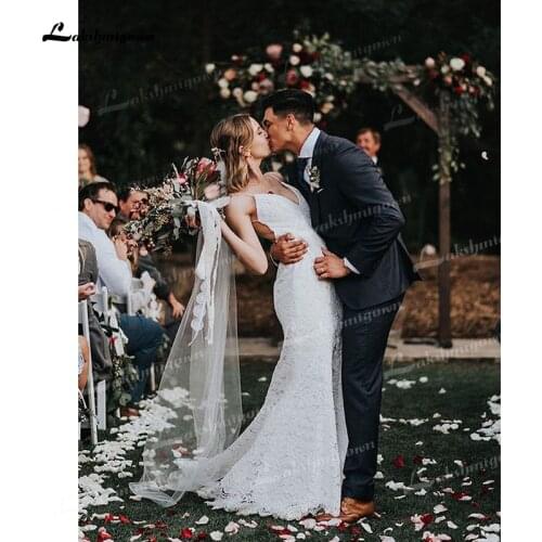 Elegant Mermaid Lace Wedding Dresses V Neck Spaghetti Straps Open Back Beading Sweep/Brush Train Beach Bridal Gowns trouwjurk