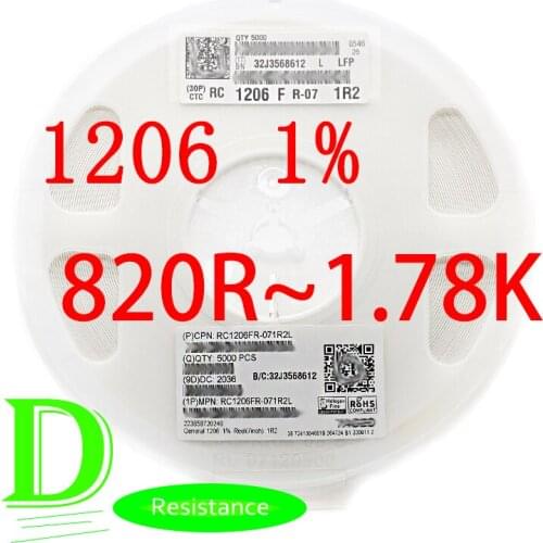 100PCS SMD Resistor RC Series 1206 1% Origina RC1206FR-07 Series 820R-1.78K All resistors 820R 910R 1K 1.1K 1.2K 1.3K 1.5K 1.6K