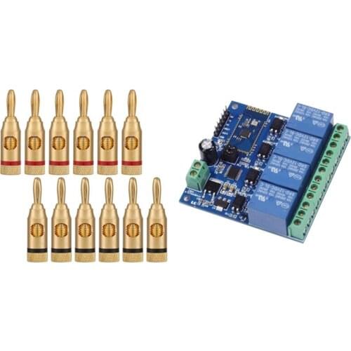 1X 12V 4CH Remote Control Switch Bluetooth Relay Module & 12X Gold-Plated Banana Plug Or Connector (Open Screw Type)