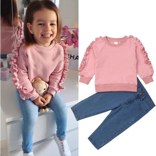 2Pcs Kids Baby Lovely Girls Toddler Autumn Cotton Shirt Tops Tshirt + Denim Jeans Clothes Set Outfits
