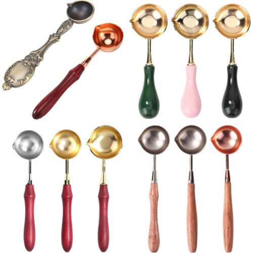 Anti-Hot Sealing Wax Spoon Wood Handle Retro Wax Stamping Spoons Fire Paint Melting Firing Stamp Envelopes Card Metal Tool
