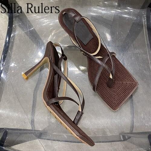 2021 Narrow Band Square Toe Sandals Woman High Heels Ankle Strap Summer Sandals For Woman Real Leather Gladiator Sandals Woman
