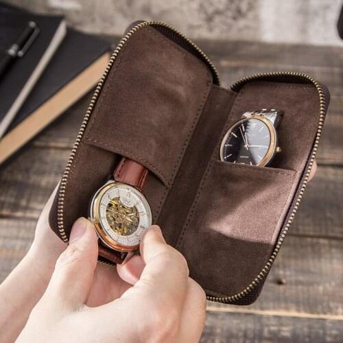Best Quality Vintage Design Real Leather Double Watches Box Bag Roll with Zipper for Couple Lovers