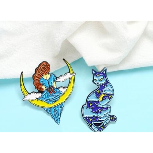 Punk Starry Sky Cat And Girl Brooches Night sky Stars Moon Enamel Pins Lapel Shirts Badge Jewelry for Kids Friends Wholesale