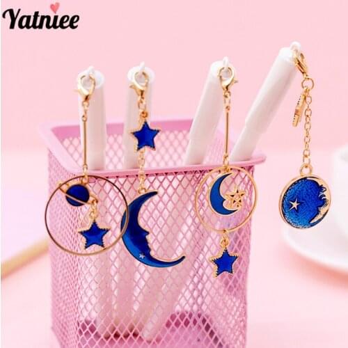 Yatniee 4pcs/pack 0.38mm Gel Pen Cute Creative Star and Moon Pendant Pens Office School Stationery Supplies Signing Pen