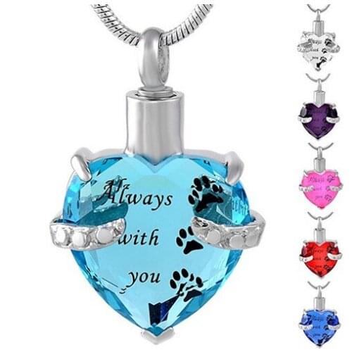 IJD9790 Multicolor Birthstone Engraving Always With You Paw Print Stainless Steel Heart Shape Cremation Urn Necklace for Pet Ash
