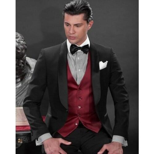 Custom Made Men Suits Black and Dark Red Groom Tuxedos Shawl Lapel Groomsmen Wedding Bridegroom ( Jacket+Pants+Vest+Tie ) D189