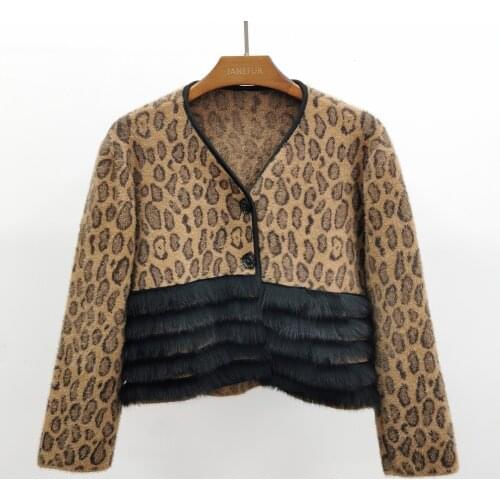 Spring Women Leopard Pattern Sexy Knitted Sweater Soft Furry Fox Fur Trim Cardigan Jumper 2021 New Fashion