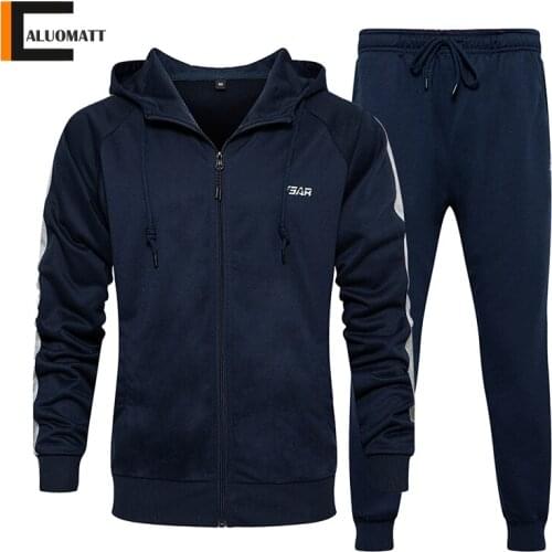 New Mens Casual Tracksuit Sets Fashion Autumn Solid Polyester Hooded Sweatshirt+Sweatpants 2 Pieces Gym Jogging Sport Suit Male