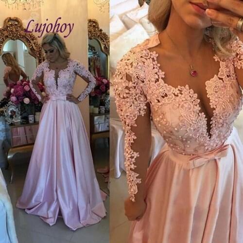 Long Sleeve Lace Evening Dresses Party Plus Size Women Ladies Elegant Pink Prom Formal Evening Gowns Dresses 2019