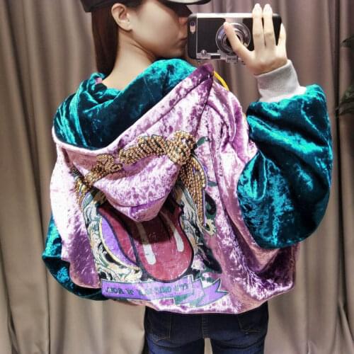 Velvet Jacket Women Autumn Winter Fashion Print Jackets Hooded Coat Female Thick Warm Outerwear Oversized Loose Short Jacket