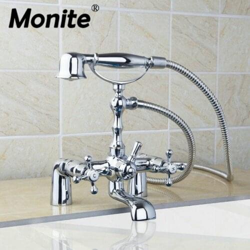 Monite Solid Brass Bathroom Bathtub Shower Faucet Deck Mounted Telephone Chrome Polished 2 Handles Basin Sink Mixer Tap Faucet