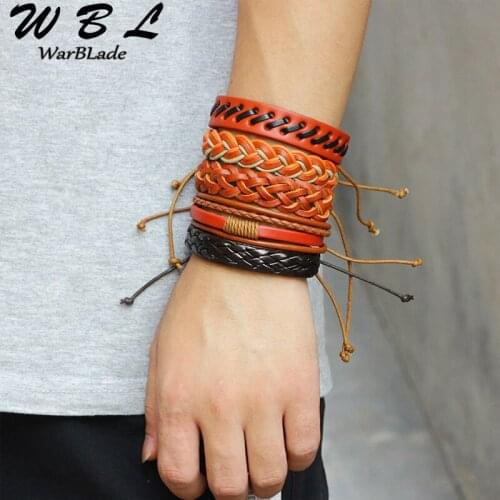 WBL 2019 New Genuine Leather Bracelets 6pcs/set Vintage Multilayer Braid Bracelet Bangle Male Punk Wrap Wristband For Men Women