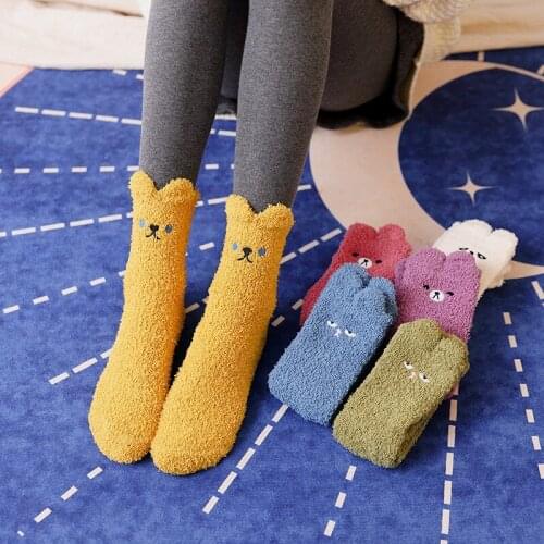 New Winter Women Warm Sleep Bed Floor Home Fluffy Coral Fleece Thick Cotton Solid Cozy Sock Cute Cartoon Christmas Floor Socks