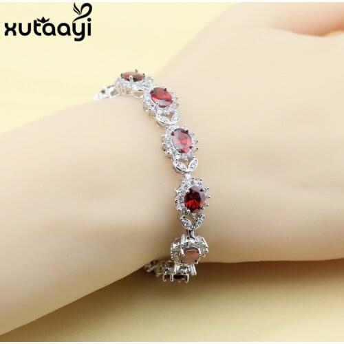 New Flower Red Created Garnet Cubic Zirconia Silver colorcolor Color Jewelry Adjustable Link Chain Bracelet Length 18+3 cm