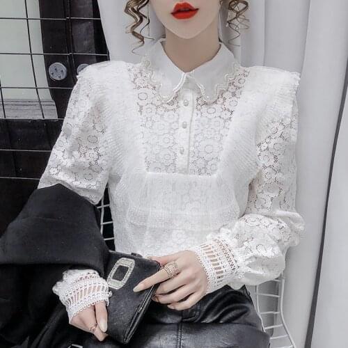 Solid Ladies Lace female harajuku Shirts Blusas Feminine 2021 New Lace Pleated Long sleeves White Women Blouse Shirt 550C