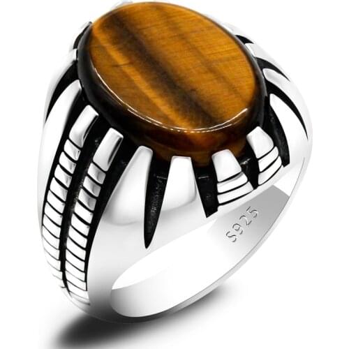 Punk Tiger Eyes Stone Ring for Men Sterling Silver 925 Vintage Powful Paw Male Boys Rings Turkish Handmade Jewelry Gift