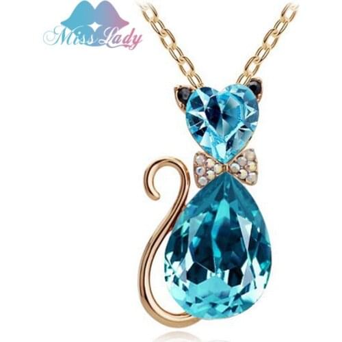 Miss Lady New 2017 Gold color Rhinestone Crystal Cute Lovely Cat Pendant fashion Necklaces for women 2017 male MLK4575