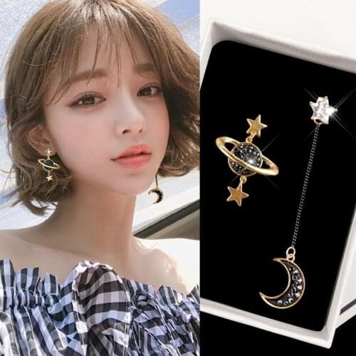 Gold Plated Dangle Earring Women Prevent Allergy Star And Moon Black Crystal Earring Korean Long Earring Fashion Jewelry