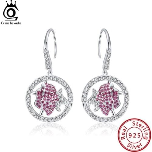 ORSA JEWELS Real 925 Silver Stud Earring Rose Shape AAAA Zircon 31MM Trendy Earring Drop Accessories For Girls Dating SE315