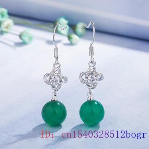 Natural Green Jade Bead Earring Chalcedony for 925 Silver Women Fashion Gifts Amulet Jewelry