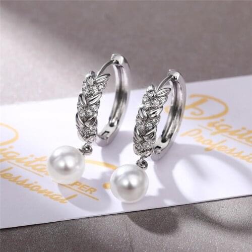 Huitan Creative Imitation Pearl Drop Earrings for Women Fancy Leaf Shaped Hoops Delicate Bridal Wedding Engagement Trend Jewelry